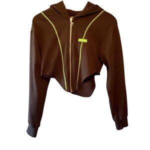 Local Heroes Black Cropped Zip Hoodie Neon Green Contrast Stitch‎ XS
